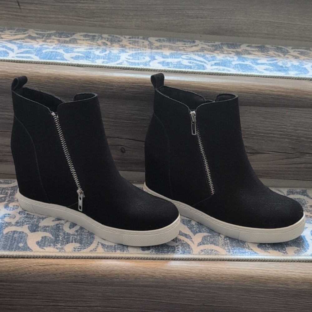 Women's Black Wedge Sneaker Boot with Side Zip Detail